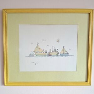 Vintage William Eagan 1975 Watercolor Framed Boat Nautical Children Nursery